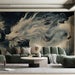 A dramatic bedroom setting with the celestial dragon wallpaper creating a bold focal point behind a king bed.
