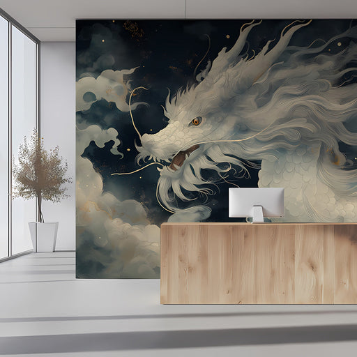 The dragon wallpaper installed on a feature wall in a sophisticated home office with dark wood furniture.
