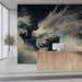 The dragon wallpaper installed on a feature wall in a sophisticated home office with dark wood furniture.