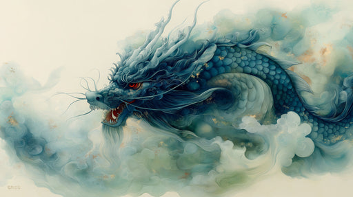 An ethereal dragon mural featuring blue scales, wispy smoke clouds, crimson eyes, and subtle gold leaf accents.