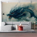 A minimalist living room area featuring a large-scale dragon mural as the main artistic focal point.