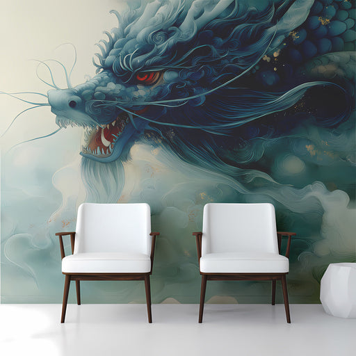 A stylish bedroom featuring a dragon mural on the headboard wall with neutral furniture and soft lighting.