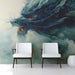 A stylish bedroom featuring a dragon mural on the headboard wall with neutral furniture and soft lighting.