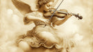 A sepia-toned mural featuring an angel playing a violin amidst soft, hazy clouds.