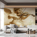 A cozy music room or library featuring the sepia-toned angel mural.