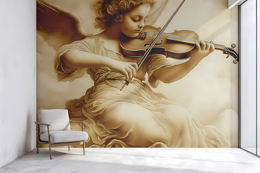 The violin angel mural installed in a traditional bedroom with antique furniture.