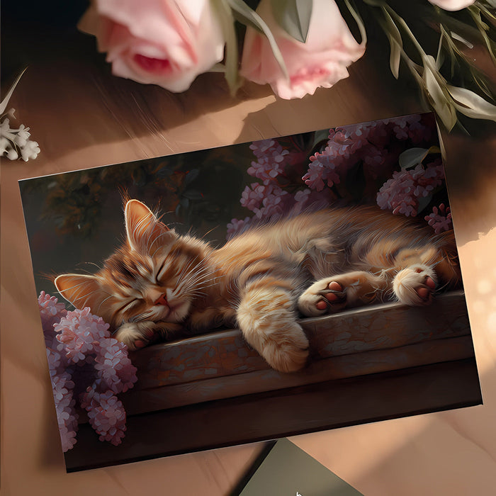 A peaceful bedroom wall with the lilac and kitten mural above a neutral headboard.