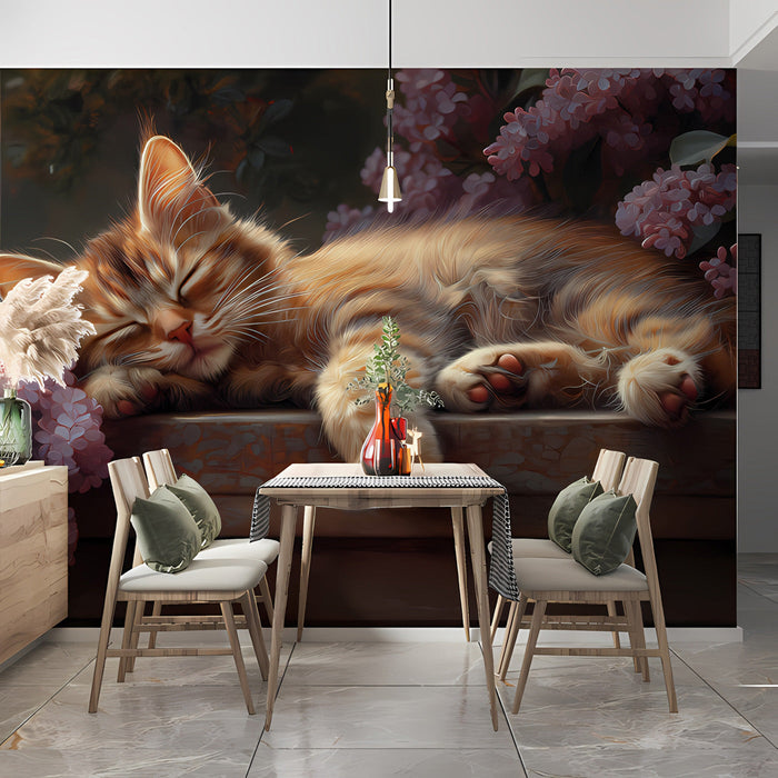A reading nook with a soft armchair placed against the kitten and floral mural.