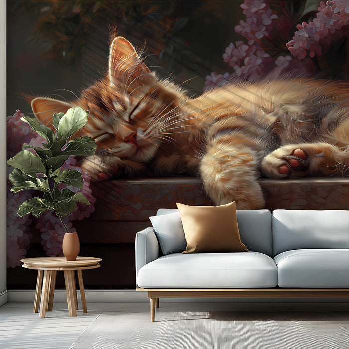 A cozy nursery room wall featuring the sleeping kitten mural behind a wooden crib.