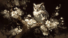 A detailed mural of a majestic owl perched on a cherry blossom branch against a dark, moody background.