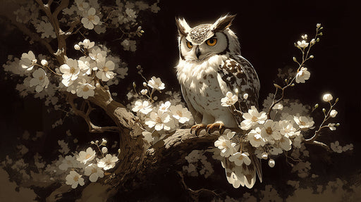 A detailed mural of a majestic owl perched on a cherry blossom branch against a dark, moody background.