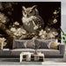 A sophisticated bedroom wall featuring an owl and cherry blossom mural behind a dark wood bed frame.