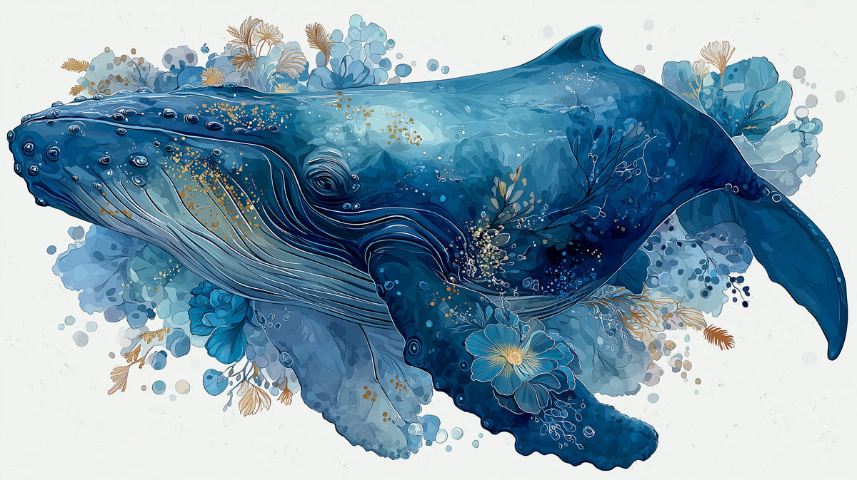 A majestic whale swimming through abstract blue flowers with delicate gold-leaf detailing on a white background.