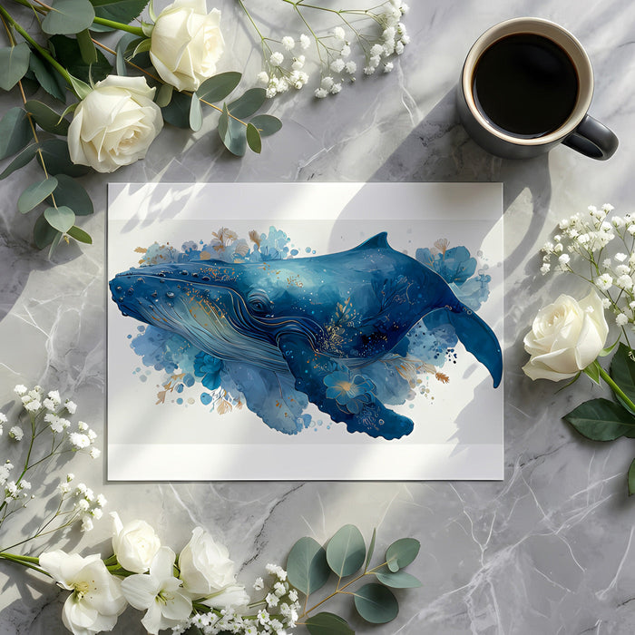 A sophisticated dining room wall featuring the whale and botanical mural as a central art piece.