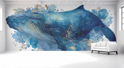 The whale mural installed in a serene bedroom behind a neutral-toned headboard.