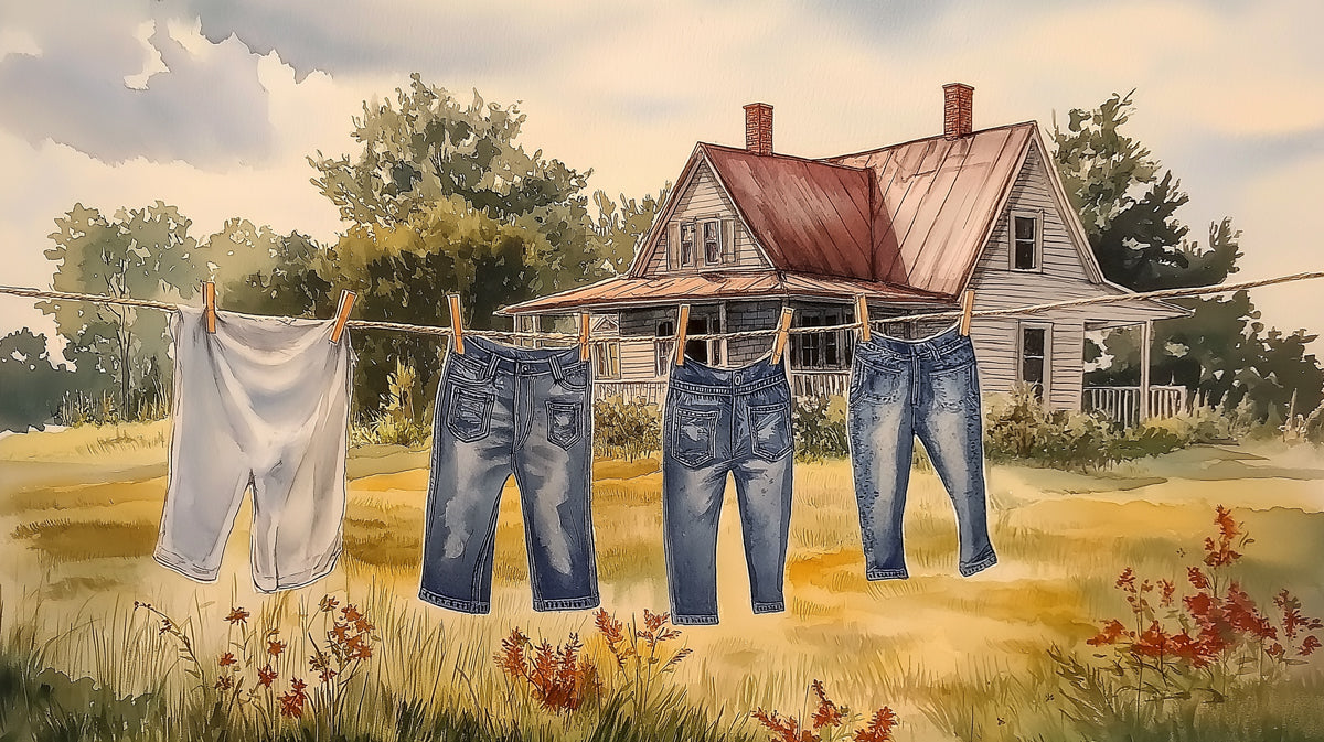 Watercolor mural wallpaper featuring a farmhouse with clothes on a line in a field