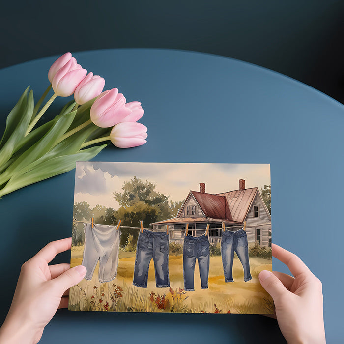 Dining room with pastoral watercolor wallpaper showing a sunny rural scene