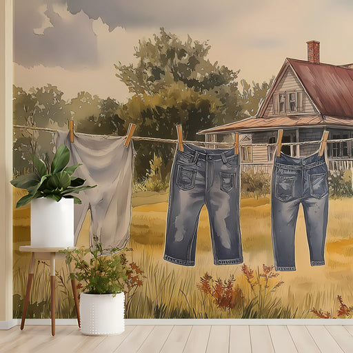 Living room interior featuring a rustic farmhouse landscape mural wall