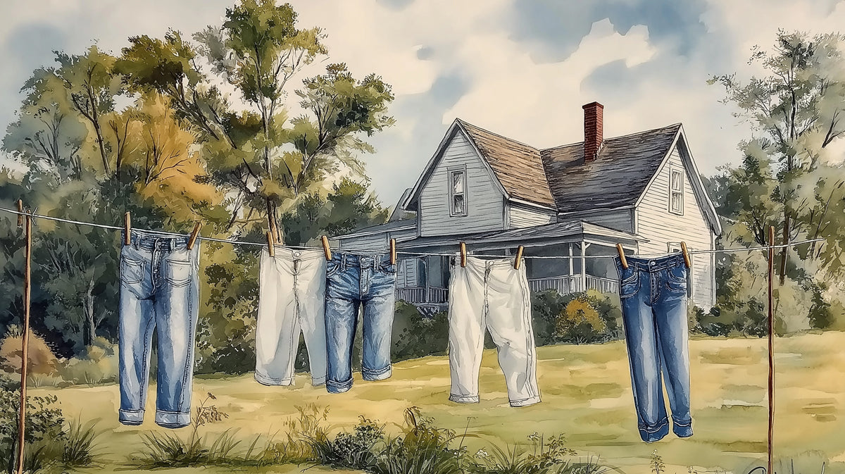 Watercolor mural of a white farmhouse with blue jeans hanging on a clothesline in a sunny field