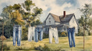 Watercolor mural of a white farmhouse with blue jeans hanging on a clothesline in a sunny field