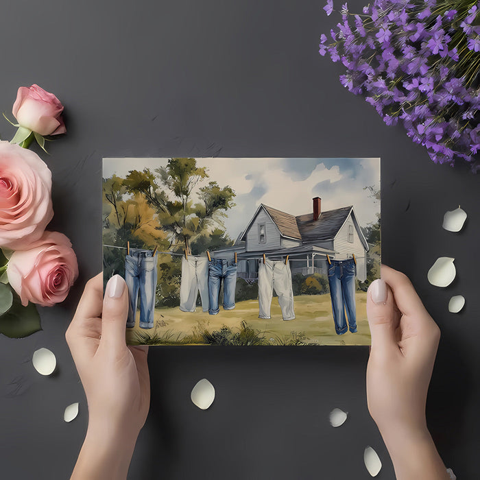 Cozy bedroom wall covered with a rural watercolor scene featuring trees and a clothesline