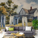 Living room featuring a farmhouse landscape mural on a main wall with light wood furniture