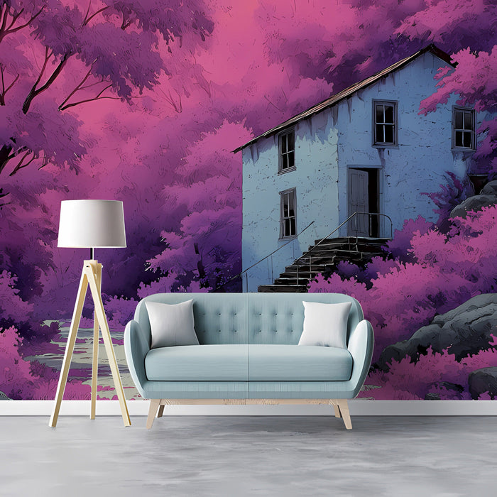 An ethereal woodland mural scene in a contemporary lounge with soft lighting.