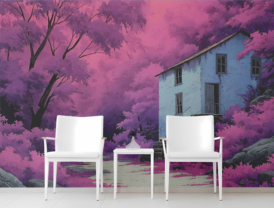 A whimsical violet forest wallpaper featured in a cozy bedroom with minimalist furniture.