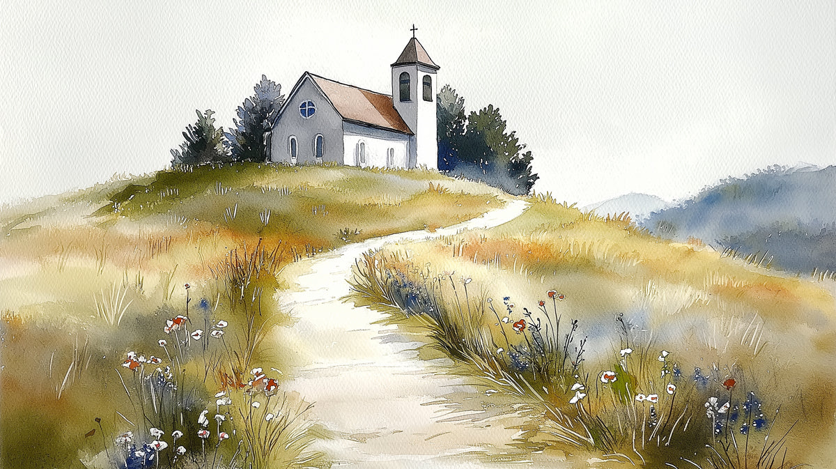 Watercolor landscape wallpaper showing a hilltop chapel and winding path in golden ochre and sage green