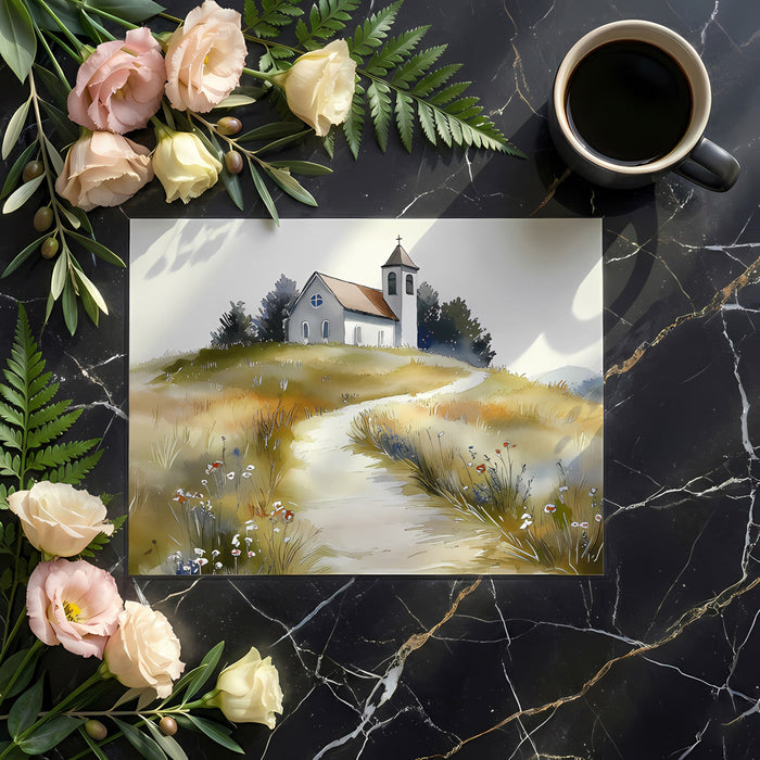 A serene home office with the chapel landscape mural providing a calming backdrop behind a desk