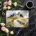 A serene home office with the chapel landscape mural providing a calming backdrop behind a desk