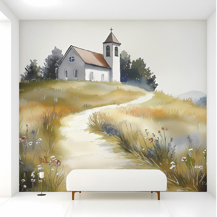 A peaceful library or reading nook decorated with the country landscape watercolor wallpaper