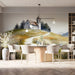 A cozy bedroom featuring the watercolor landscape mural on a feature wall behind a wooden bed frame