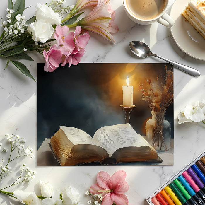 A moody home office wall showcasing a candlelit book mural that sets a professional yet academic tone.