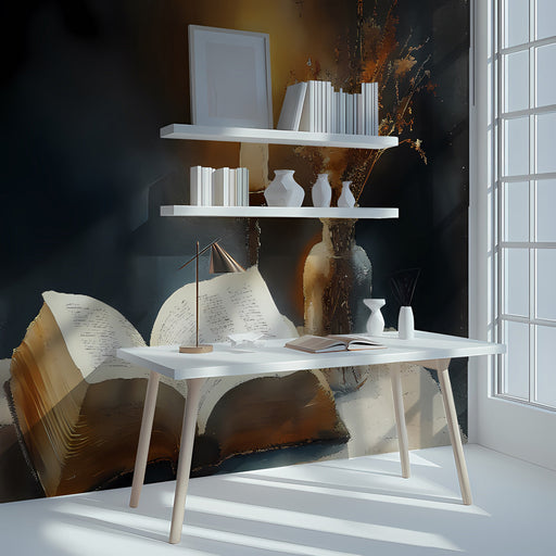 A cozy library reading nook featuring dark charcoal wallpaper with a still life library scene.