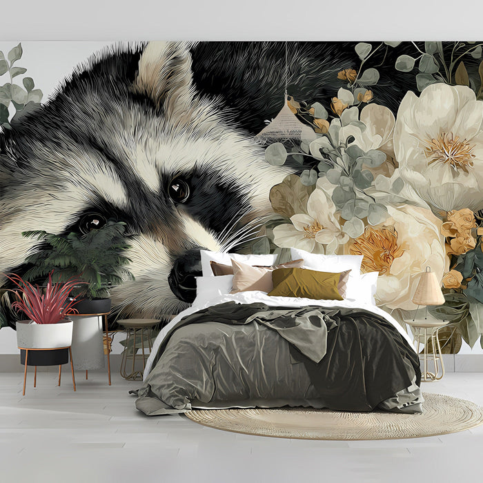 A serene bedroom setting with a nature-inspired raccoon wallpaper as a gentle accent wall