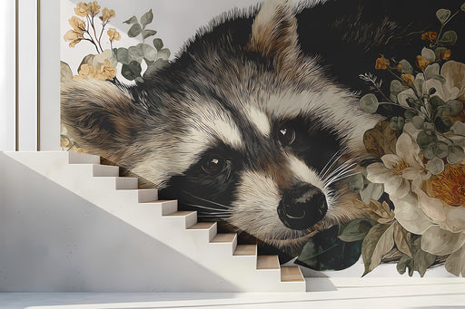 A cozy nursery featuring a raccoon and floral wallpaper on the main wall behind a crib