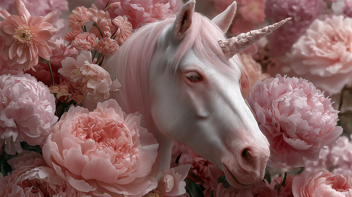 Whimsical mural featuring a white unicorn emerging from dense, painterly blush pink peony flowers.