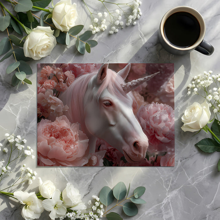 Romantic peony flower wallpaper with unicorn motif shown in a girl's bedroom interior.