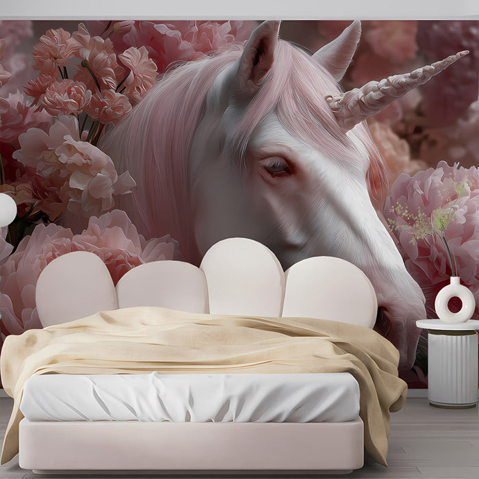 Whimsical unicorn floral mural as a decorative feature wall in a cozy home reading room.