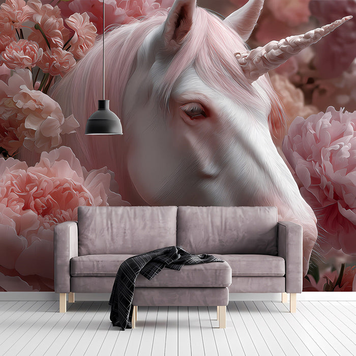 Soft pink unicorn and floral wallpaper installed in a charming nursery with white wooden furniture.