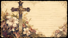 Ornate cross and lilies on aged parchment background with vintage script