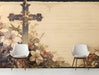 A quiet home office featuring the vintage cross mural as a desk backdrop