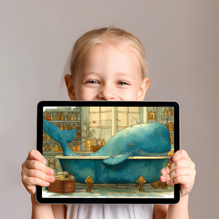 A charming whale wall mural featured in a creative nursery with warm wooden furniture.
