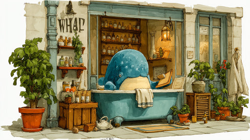 A whimsical ink and wash illustration of a blue whale sitting in a clawfoot bathtub in a cozy apothecary shop.