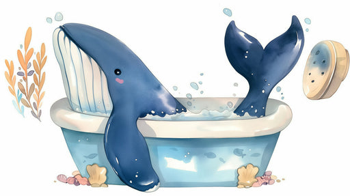 Watercolor illustration of a blue whale sitting in a bathtub surrounded by bubbles and seashells