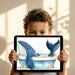 Playful whale wallpaper design featured in a modern kid's playroom with wooden toys