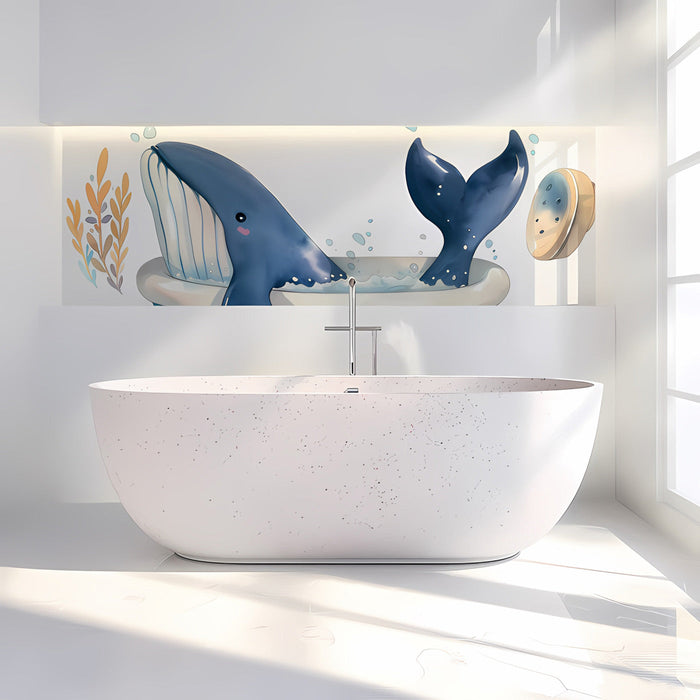 Cute bathing whale mural in a bright and clean bathroom setting