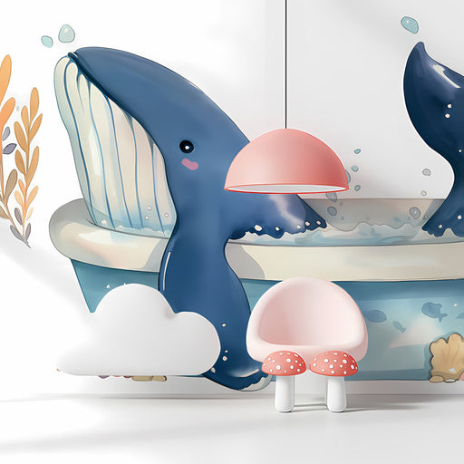 Whimsical whale mural installed in a colorful child's nursery with white crib