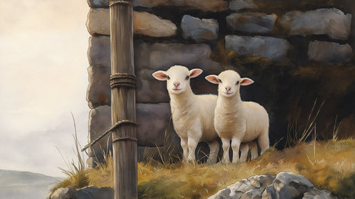 A painterly mural pattern featuring two cream-colored lambs standing next to a rustic dark stone wall and wooden post